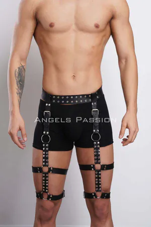 Black Studded Faux Leather Leg Harness Set Adjustable Straps