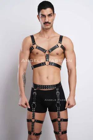 Black Faux Leather Full Body Harness with O-Ring Straps Adjustable