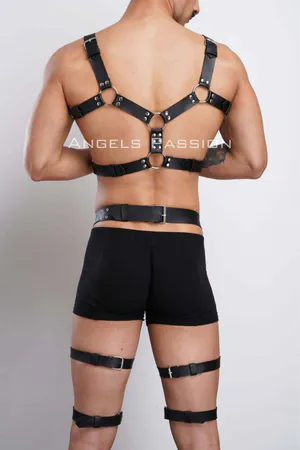 Black Faux Leather Full Body Harness with O-Ring Straps Adjustable