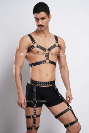Black Faux Leather Full Body Harness with O-Ring Straps Adjustable