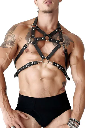 Black Faux Leather Pentagram Chest Harness Men Adjustable Straps Rivets