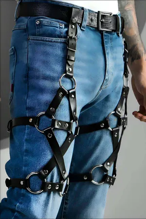 Black Faux Leather Leg Harness with Silver Rings