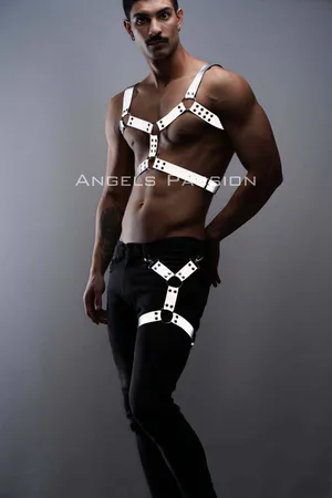 Reflective Body Harness and Thigh Garter Set Silver Vegan Leather