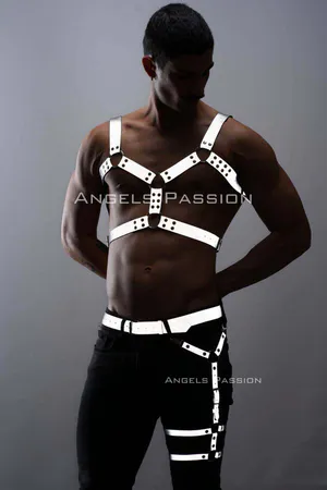 Reflective Body Harness and Thigh Garter Set Silver Vegan Leather