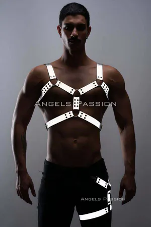 Reflective Body Harness and Thigh Garter Set Silver Vegan Leather