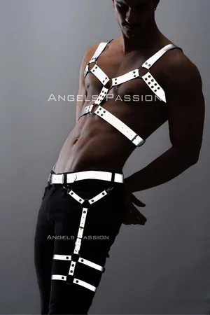 Reflective Body Harness and Thigh Garter Set Silver Vegan Leather