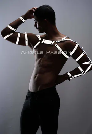 Reflective Arm and Chest Harness Set worn by a model, high visibility straps
