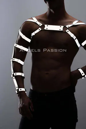 Reflective Arm and Chest Harness Set worn by a model, high visibility straps
