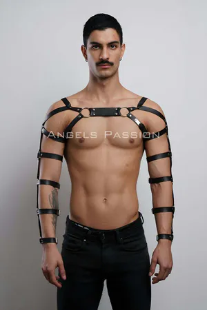 Black Faux Leather Adjustable Chest and Arm Harness
