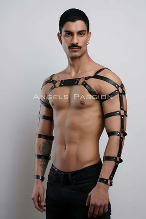 Black Faux Leather Adjustable Chest and Arm Harness