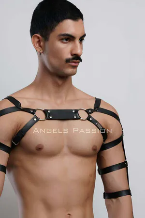 Black Faux Leather Adjustable Chest and Arm Harness