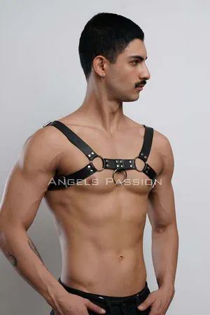 Black Faux Leather Body Harness with O-Rings and Adjustable Straps