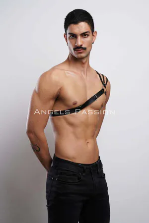 Black Faux Leather Asymmetrical Shoulder Harness Silver O-Ring Detail