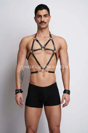 Black Faux Leather Adjustable Body Harness with O-Ring Straps