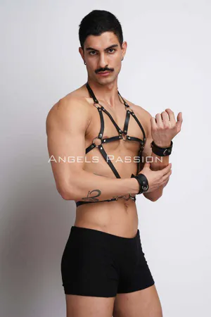 Black Faux Leather Adjustable Body Harness with O-Ring Straps
