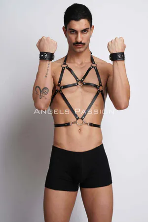 Black Faux Leather Adjustable Body Harness with O-Ring Straps