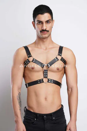 Black Studded Faux Leather Chest Harness with O-Rings
