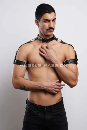 Black Faux Leather O-Ring Neck and Arm Harness for Women Adjustable Straps