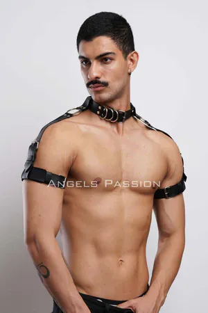 Black Faux Leather O-Ring Neck and Arm Harness for Women Adjustable Straps