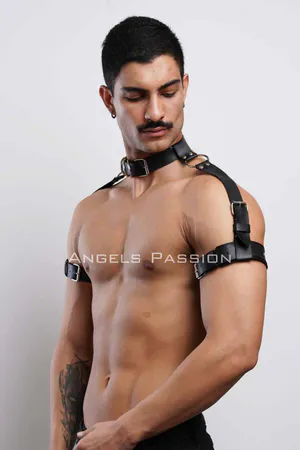 Black Faux Leather O-Ring Neck and Arm Harness for Women Adjustable Straps