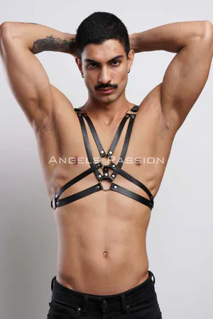Black Faux Leather Strappy Chest Harness with Silver O-Rings