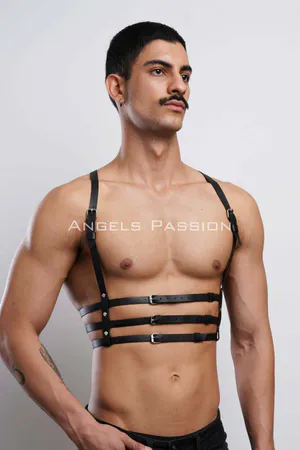 Black Faux Leather Multi-Strap Chest Harness Front View