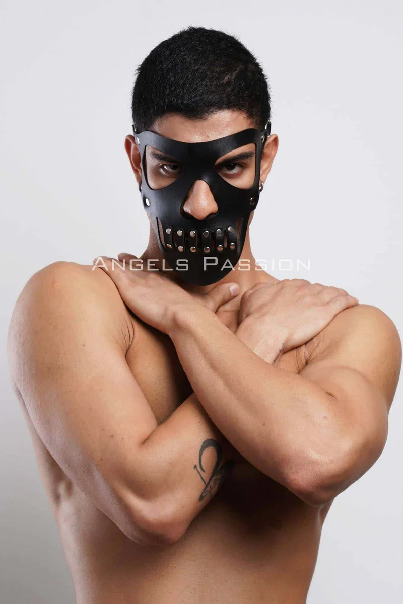 Mens black faux leather mask with