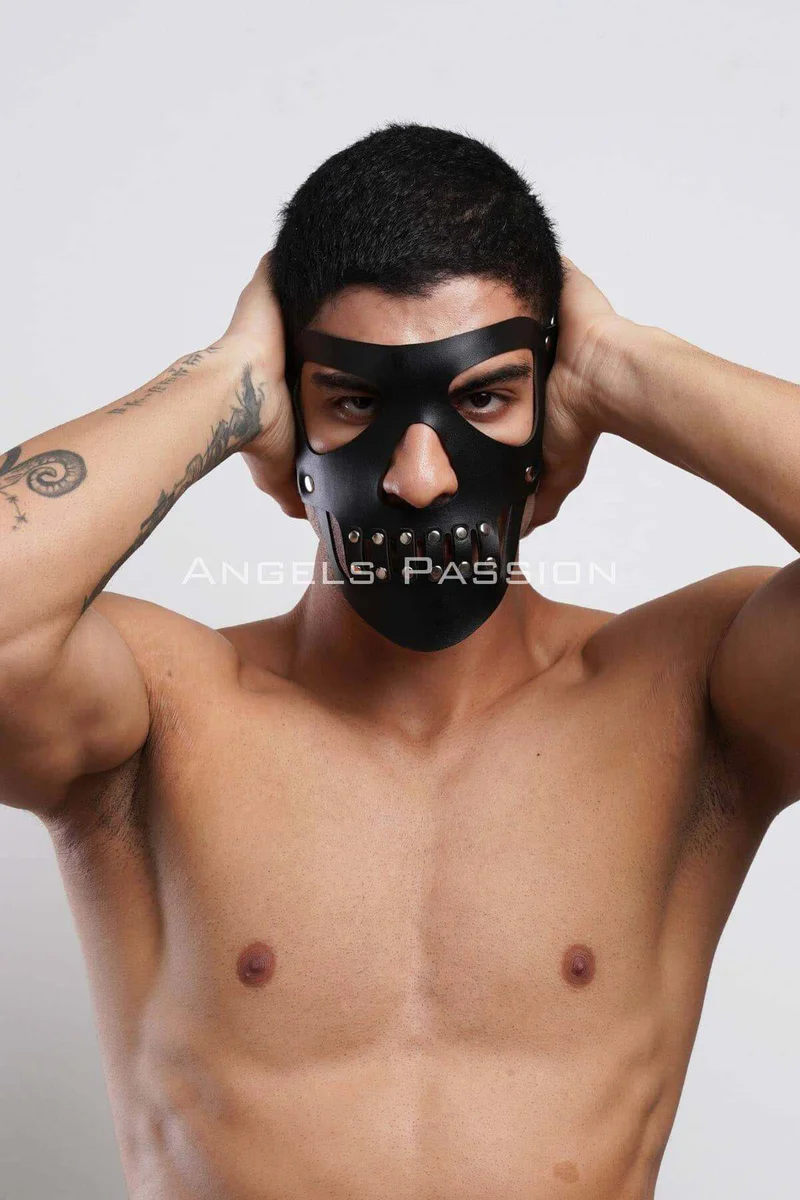 Black vegan leather face mask close
