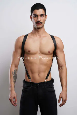 Black faux leather shoulder harness with adjustable straps for men.