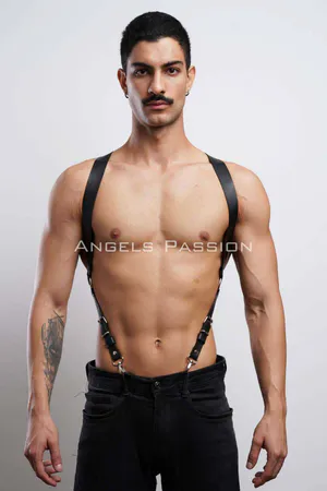 Black faux leather shoulder harness with adjustable straps for men.