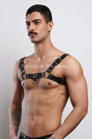 Studded Faux Leather Chest Harness Black Silver O-Rings Adjustable Straps