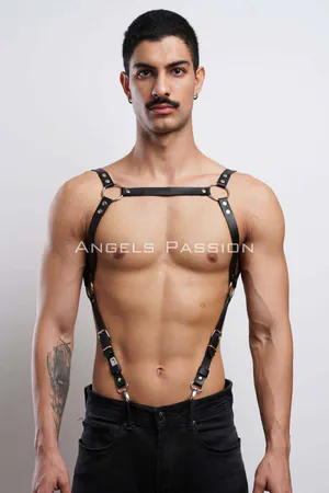 Black faux leather chest harness with silver O-rings and adjustable buckles