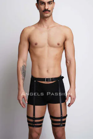 Black faux leather adjustable leg harness with triple strap detail