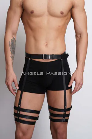 Black faux leather adjustable leg harness with triple strap detail