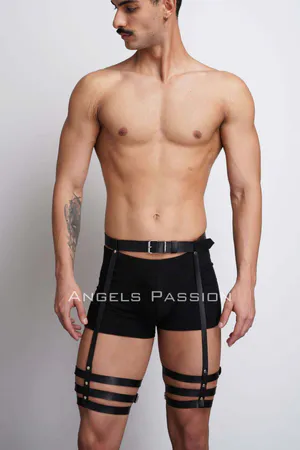 Black faux leather adjustable leg harness with triple strap detail