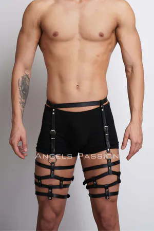 Black faux leather leg harness with adjustable straps and O-rings