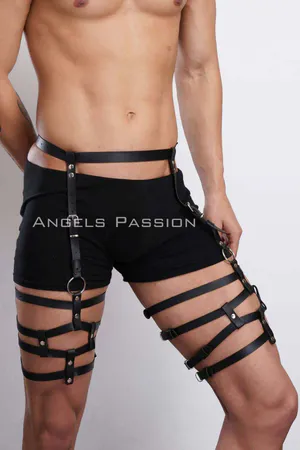 Black faux leather leg harness with adjustable straps and O-rings