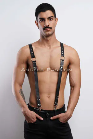 Black Faux Leather Suspender Body Harness Men Silver O-Rings