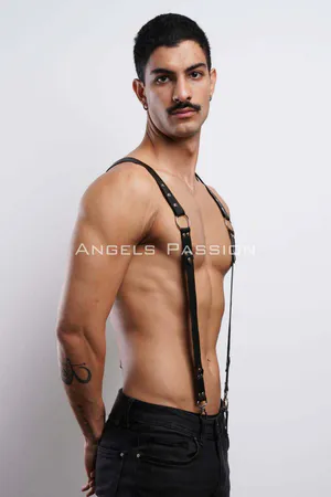 Black Faux Leather Suspender Body Harness Men Silver O-Rings