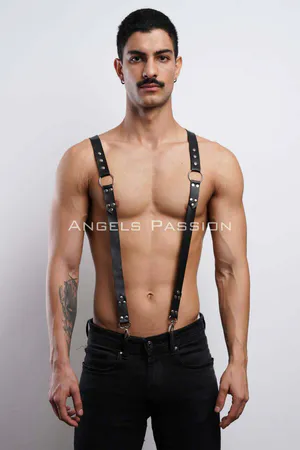 Black Faux Leather Suspender Body Harness Men Silver O-Rings