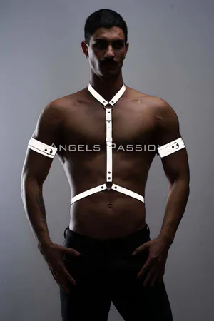 Reflective chest harness and armbands set on a male model