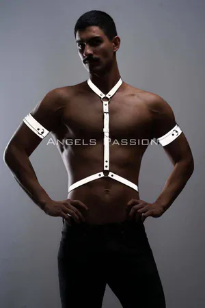 Reflective chest harness and armbands set on a male model