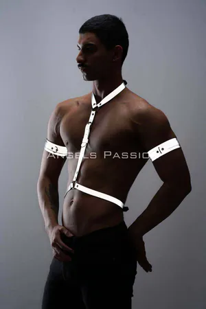 Reflective chest harness and armbands set on a male model