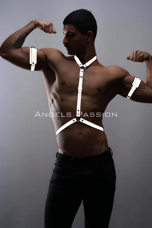 Reflective chest harness and armbands set on a male model