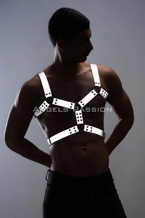Silver reflective chest harness with O-rings and adjustable straps