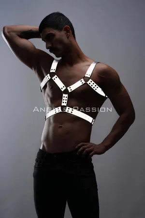Silver reflective chest harness with O-rings and adjustable straps