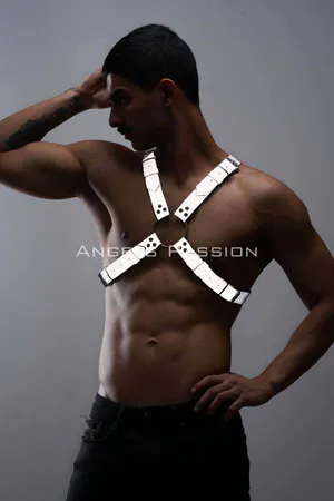 Reflective chest harness with O-ring detail and adjustable straps