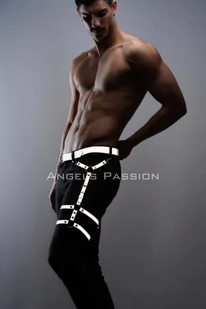 Silver reflective thigh leg harness accessory on black pants
