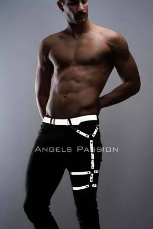 Silver reflective thigh leg harness accessory on black pants