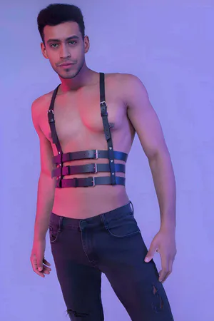 Black Faux Leather Chest Harness Men Adjustable Strappy Design
